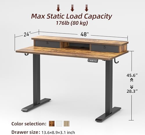 TIQLAB Standing Desk with Two Drawers, Stand Up Standing Desk Adjustable Height, Electric Sit Stand Table with Storage Shelf and Splice Board, 48 * 24 inch, Rustic Brown