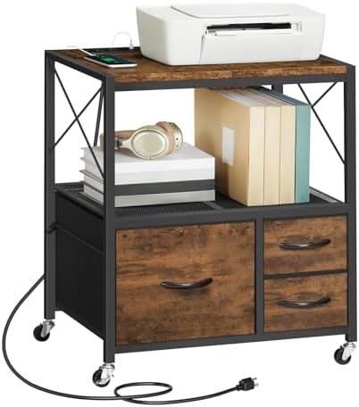 MAHANCRIS File Cabinet with Charging Station, 3 Drawer Lateral Filing Cabinet for Home Office, Mobile Printer Stand with Open Shelf, Fits A4/Letter Size File, Nonwovens Drawer, Rustic Brown FCHR98E01