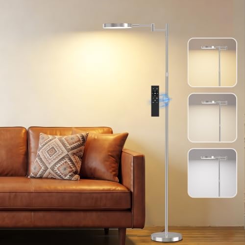 SIBRILLE LED Floor Lamp, 18W Adjustable Height Floor Lamp with Remote Control& 3 Color Temperatures, 350 Degree Swing Arms, Modern Dimmable Standing Lamp for Reading, Sewing and Craft, Brushed Nickel
