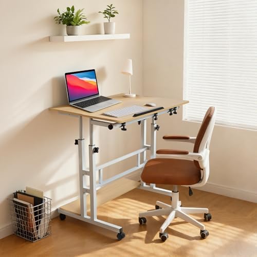 FAHKNS Small Standing Desk, Portable Stand Up Desk with Wheels, Adjustable Height Computer Desk for Home Reading Desk and Office Work