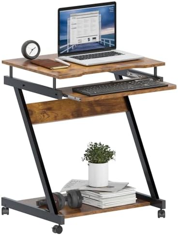 soges Movable Desk for Computer, Small Double-Layer Workstation, Computer Desk Cart, with Universal Lockable Wheels and Keyboard Tray, Vintage Brown