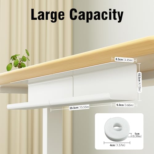 2 Pack No-Screw Cable Management Under Desk, Self-Adhesive Cord Organizer, Wire Management Tray for Office and Home (White)