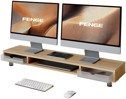 Fenge Dual Monitor Riser with 2 Drawers, 42.5in Long Desk Shelf, Dark Oak