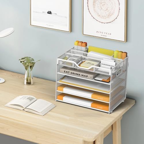 5 Tier Paper Letter Tray Desk Organizer with Pen Holders - White