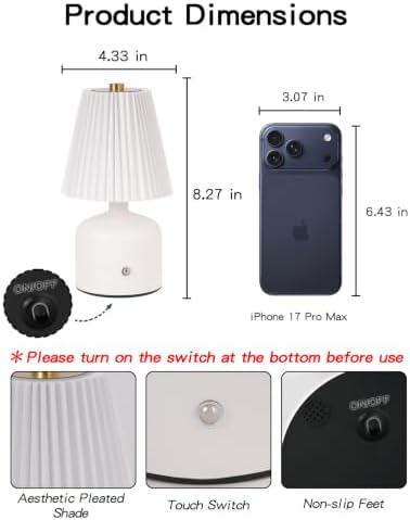 Small Table Lamp, Rechargeable Lamp with 3 Color Stepless Dimming