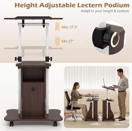 Tangkula Rolling Lectern Podium Stand, Height Adjustable Laptop Table with Tilting Tabletop & Storage Shelves, Compact Standing Desk with Lockable Casters for Home Office School (Brown)