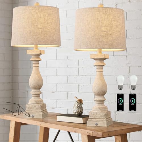 BOBOMOMO 27" Farmhouse 3-Way Dimmable Touch Control Table Lamp Set of 2 with USB A &USB C Charging Ports for Bedroom Living Room Vintage Rustic Traditional Nightstand Bedside Lamps (2 Bulbs Included)