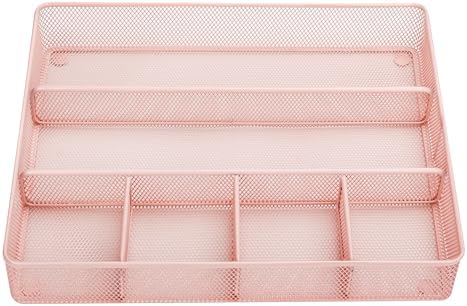 Annova Desk Top Organizer Tray for Office Organization - Metal Mesh - Storage Tray with Dividers for Pens, Desktop Accessories, Bathroom, Kitchen, Makeup and Office Supplies (Large, Light Pink)