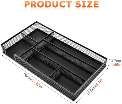 Metal Mesh Desk Drawer Organizer Tray, 6 Compartments 11”x6”x1.5”