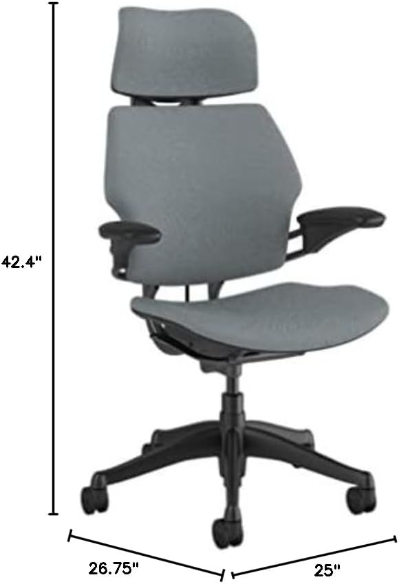 Humanscale Freedom Office Chair with Headrest - Ergonomic Work Chair with Standard Height Adjustable Duron Arms - Wheels for Carpet - Graphite Frame with Medium Gray Corde 4 Fabric