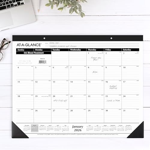 AT-A-GLANCE 2026 Desk Calendar, Monthly, Desk Pad, 21-3/4" x 17", Large, Ruled Blocks (SK240026), White