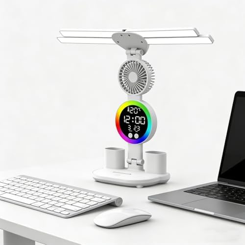 6-in-1 Led Desk Lamp Adjustable Foldable Table Lamp with Fan, Clock, Dates, Temperature, Pen Holder, 3 Color & Stepless Dimming, Reading Lamp for Study Table Work Office