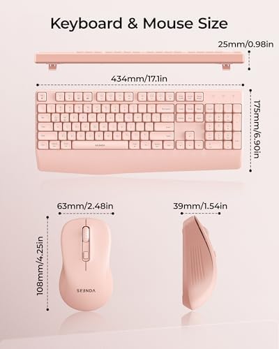 seenda Wireless Bluetooth Ergonomic Keyboard Mouse Combo, Full Size, Pink