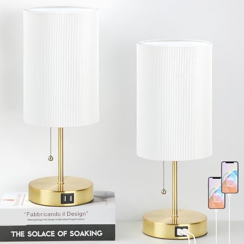 Lakumu 2 Sets Table Lamps with 2 USB, Minimalist Beside Lamps for Bedroom, Nightstand Lamp with Pull Chain, Desk Lamps with White Pleated Shade and Gold Metal Base for Living Room Dorm Reading Hotel