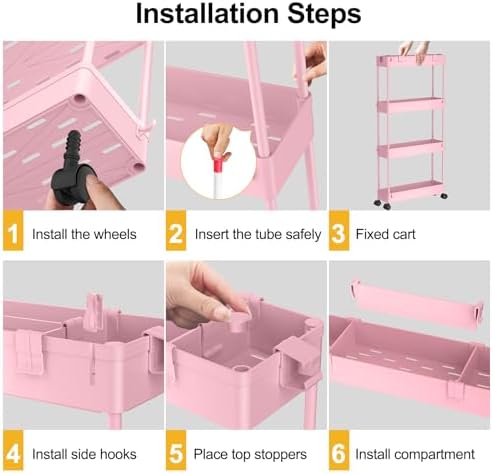 SPACELEAD Slim Storage Cart 4 Tier,Bathroom Organizer Rolling Utility,Mobile Shelving Unit Slide Out for Office, Kitchen, Laundry Room & Narrow Places,Pink
