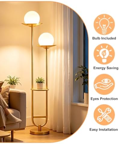 Lightdot 63IN 2 Globe Gold Floor Lamp Mid Century Standing Lamps Dimmable with 3000K Warm White LED Bulbs Unique Vintage Tall Floor Lamp with 5Lbs Heavy Base for Living Room/Wedding/Party