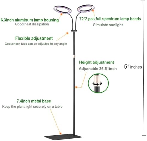 yadoker Desk Plant Grow Light for Indoor Plant, Dual-Head LED Grow Light,Height Adjustable,Automatic Timer with 8/12/16 Hours,10-Level Brightness,Ideal for Large Plant Grow