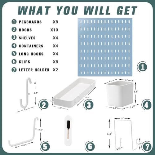 MULSAME Pegboard Combination Kit, Wall Mounted Storage Set with 8 Pegboards & 28 Accessories Hanging, Peg Boards Organizer for Walls Display, Crafts Organization, Kitchen Organizer, 22" x 44" Blue