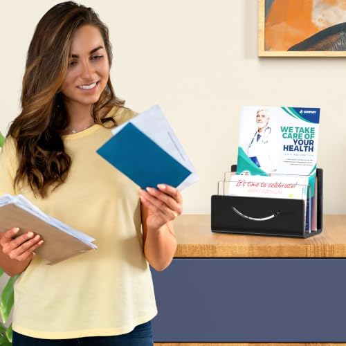 Mail Organizer Envelope Holder - 3 Compartments Black Acrylic Mail Holder Countertop Home Office Desk Organizer Small File Sorter Vertical Bill Letter Paper Document Storage Rack
