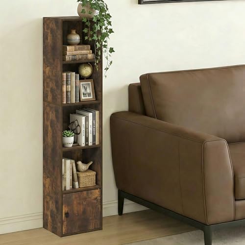 Furinno LUDER Book Shelf, 5-Tier Bookshelf with Open Shelf, Standing Bookcase with 1 Door Cabinet, 9.3 x 12 x 52, for Organization and Storage, for Living Room, Bedroom, Home Office, Amber Pine
