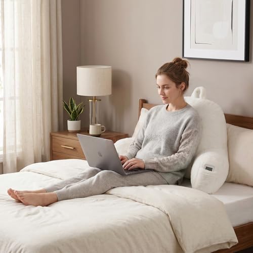 Soft Reading Pillow for Bed with Arms,Middle,White,Faux Fur