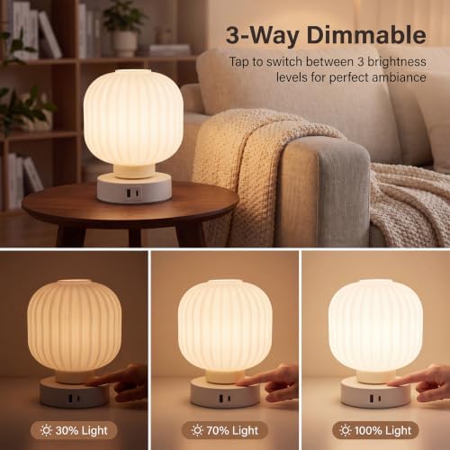 Elenhome Touch Bedside Table Lamp - Small Table Lamps,3 Way Dimmable with USB C+A Charging Ports - Bedroom Nightstand & Living Room Essential, 6W Bulb Included