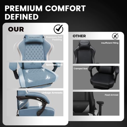 GTPLAYER Gaming Chair Fabric with Pocket Spring Cushion, Big and Tall Gamings Chairs 350LBS High Back Computer Chair with Footrest for Adults Lumbar Support Swivel Game Chair for Office Light Blue