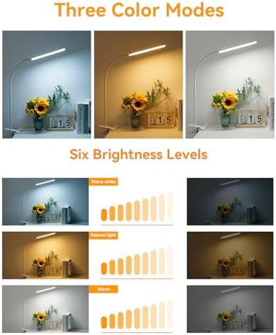 Eye-Caring Adjustable LED Reading Clamp Desk Lamp with 48 LEDs Flexible Neck, 3 Color Modes & 11 Brightness Levels for Office Bedroom Study (White)