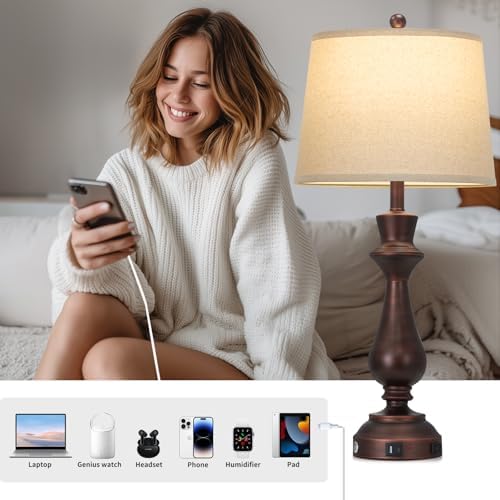 Vintage Table Lamps Set of 2 for Living Room,30" Tall Bedside Lamp with USB Charging Port,3-Way Dimmable Touch Nightstand Lamp for Bedroom Desk Side Table Office,Brown