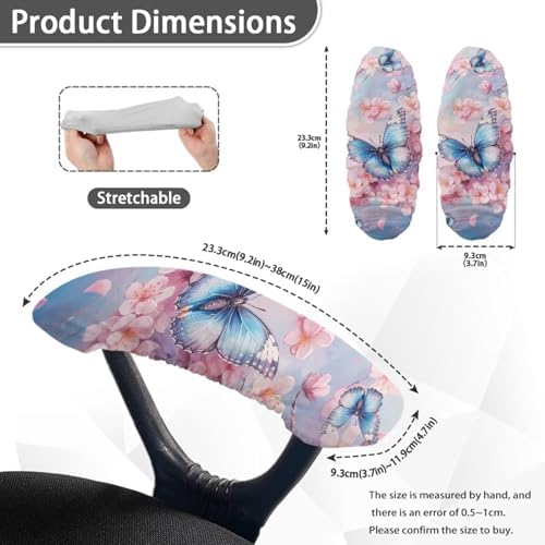 Butterfly Print Office Chair Arm Covers Set of 2, Peach Blossom Print Arm Rest Covers, Stretchy Washable for Desk & Computer Chairs