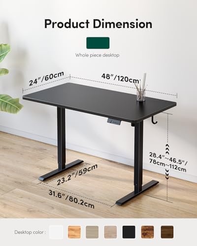 FEZIBO One-Piece Standing Desk, 48"x24" Seamless Tabletop Electric Height Adjustable for Home Office, Study Rooms & Multi-Device Workstations, Black