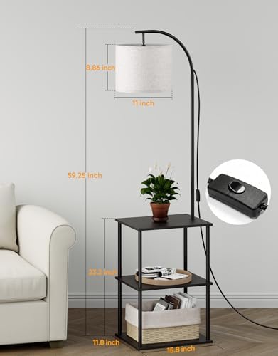 PARTPHONER Floor Lamp with Table, Night Stand with Lamp, Narrow Side Table with 3CCT LED Bulb, Small Coffee Table, Modern End Table with Storage Shelves for Living Room Bedroom Home Décor, Black