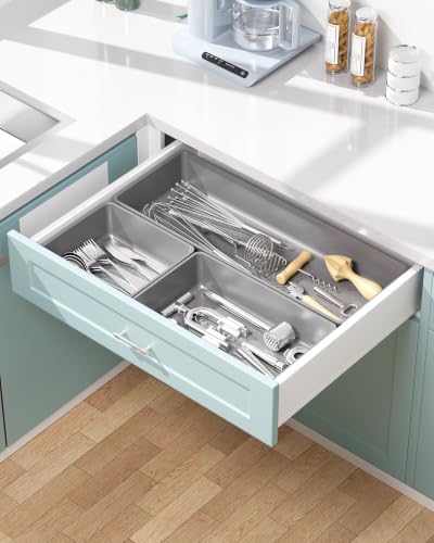 10 Pack Large Size Plastic Drawer Organizers Set, 3 Sizes Desk Drawer Organizer Trays, Storage Bins for Vanity, Makeup, Bathroom, Kitchen Utensils and Office (Gray)
