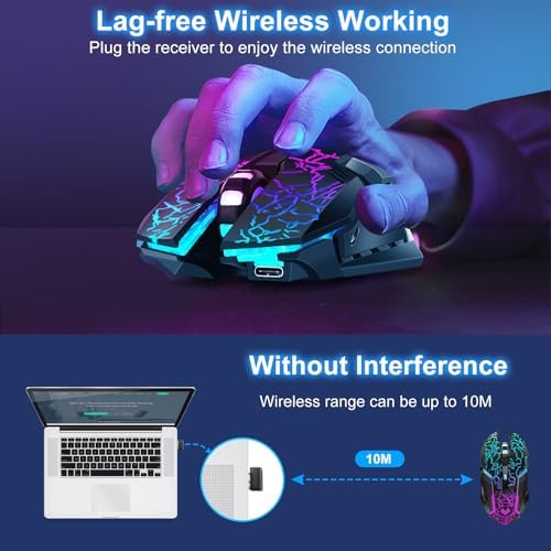 Wireless Gaming Mouse,Rechargeable Computer Mouse with Type-C Fast Charging, Ergonomic Mouse with 3 Adjustable DPI, 6 Silent Buttons, LED Light, Long Battery Life for Laptop, PC, Mac