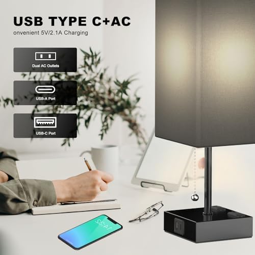 YIDPU Table Lamp for Bedroom with USB,Bedside Lamp with USB C+A Charging Ports,Adjustable 3color LED Light for Home Decor/Nightstand/Office,Included Bulb and Fabric Lamp Shade (Linen Black, 2PCS)