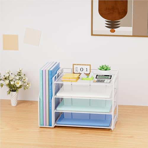 Marbrasse 4-Tier Paper Tray Organizer with File Holder, White
