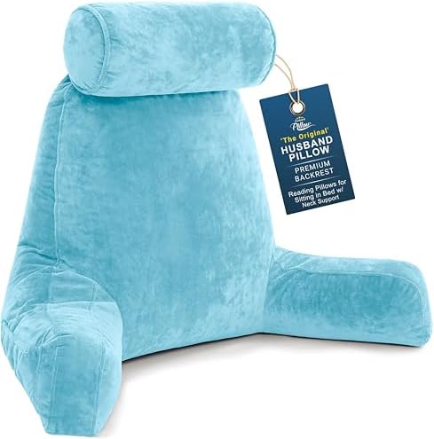 Husband Pillow XXL The Original for Adults - 30" Tall Backrest for Sitting Up in Bed - Firm Support Reading, Bed Rest Pillow for Adult, Neck Roll, Removable Cover - TV - Carolina Blue