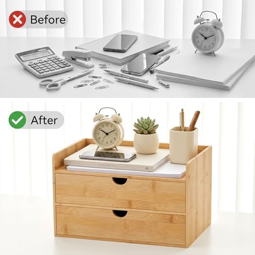 Bamboo Desk Organizer with Drawers, Desktop Storage for Office Supplies
