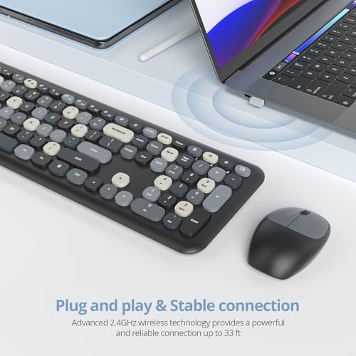 Surmen Colorful Black Quiet Keyboard and Mouse Wireless, Full-Size Girly Slient Keyboard Retro Typewriter Low-Noise 2.4GHz for Computer, Desktop, Laptop (X110-Blend Gray)