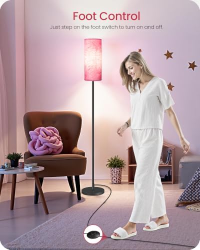 Dimmable Floor Lamps for Living Room with Remote and Foot Switch, 64.4” Modern Standing Tall Lamp, Corner Lamp for Bedroom, Bulb Included, 3000K-6500K, FCC Listed, Sakura Pink and Black CP06LD05W1