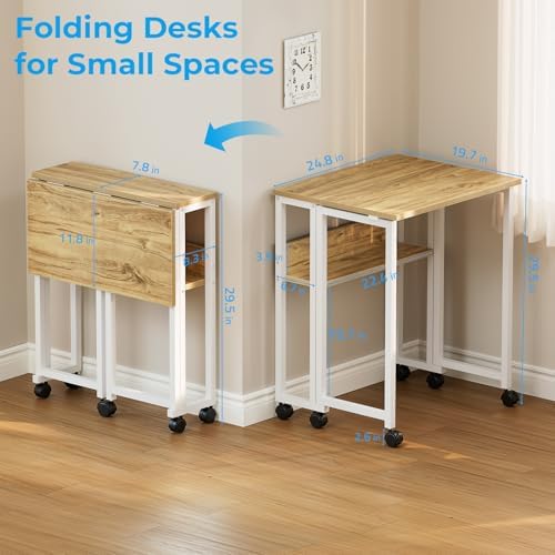 GreenForest Folding Desk with Wheels, 24.8" Rolling Table for Small Spaces