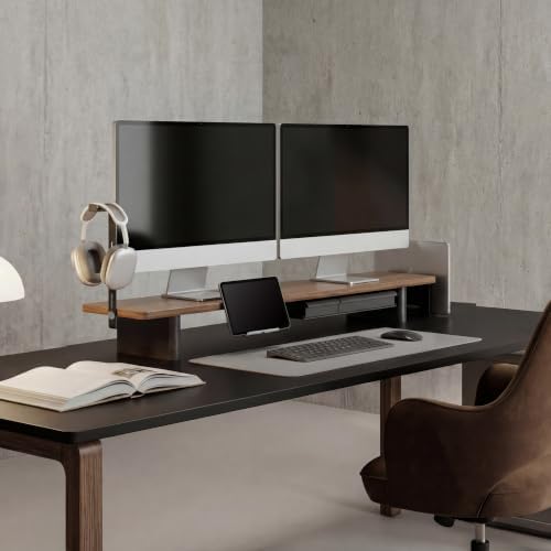Fenge Modular Dual Monitor Stand Riser with Solid Ash Wood Leg, 42.5" Brown