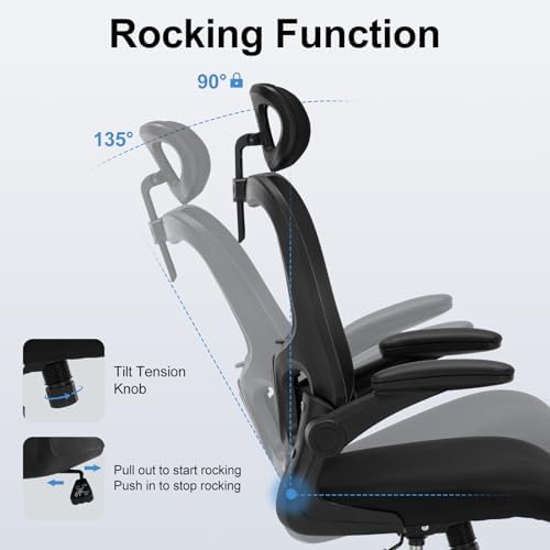 Office Chair Ergonomic Desk Chair High Back Mesh Computer Chair with Adjustable Lumbar Support & Headrest, Flip-Up Armrests, 300lbs Capacity 360 Swivel Chair for Home Office, Black