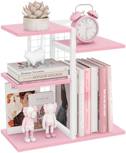 ELITEROO Desktop Bookshelf, Tiered Desk Organizer Shelf, Wooden Tabletop Bookshelf Small Desk Book Shelf, Dresser Top Organization Storage Rack and Desk Decorations for Women Office, Pink