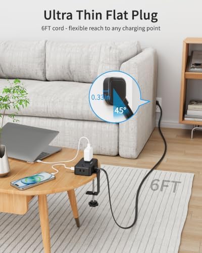 Desk Clamp Power Strip with 4Outlets & 4USB, 6FT Extension Cord for Home