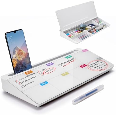 TSJ OFFICE Whiteboard Weekly Dry-Erase-Board - Desktop White Board Calendar Desk Organizers with Accessories Computer Keyboard Stand with Drawer, for Office, Home, School Supplies - White Calendar
