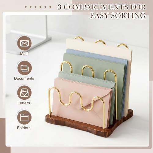 SiliFine 3-Slot Mail Organizer for Countertop, Metal Desktop, Brown,Gold