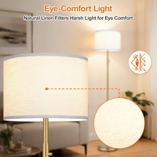 【Upgraded】 Dimmable Gold Floor Lamps for Living Room, 9W LED Bulb Included, Modern Standing Lamp with White Lamp Shade, Tall Pole Light for Bedroom Reading Office Corner Nursery