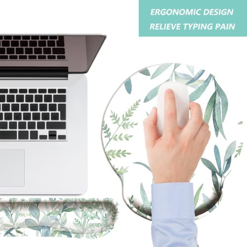 Keyboard Wrist Rest Pad Mouse Pad with Wrist Support Set of 3, Mousepad with Non-Slip Rubber Base, Ergonomic Memory Foam Mouse Wrist Cushion Support for Home Office Laptop Computer, Leaves
