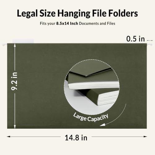 SUNEE Legal Size Hanging File Folders (9.2"x14.8"), 25 Pack Reinforced Hang Folders, Adjustable 1/5-Cut Tabs, Designed for Bulky Files, Filing Cabinet, Standard Green